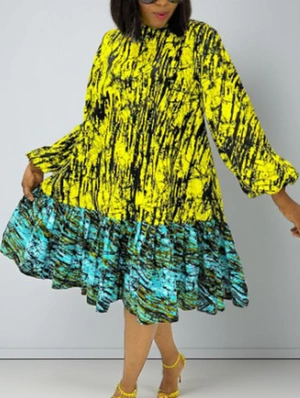 Colorblock Printed Lantern Sleeve Swing Dress