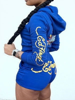 Printed Zipper Cropped Hoodies Shorts Sets
