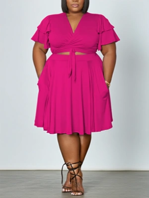 Lace Up V Neck Ruffle Sleeve Skirt Sets
