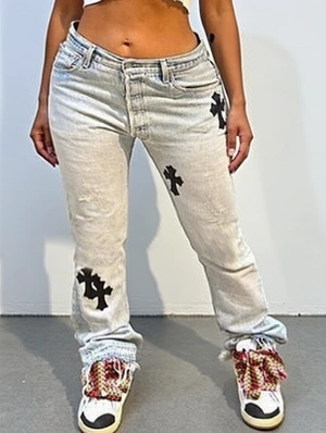 Embroidery Cross Denim Low Rise Jeans