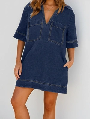 Solid Color Denim Loose Short Sleeve Dress