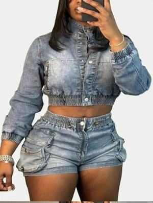Denim Cropped Jackets Shorts Sets