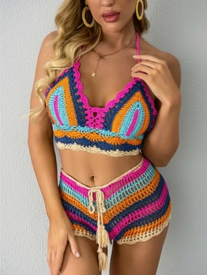 Colorblock Striped Knitted Bikinis Shorts Sets