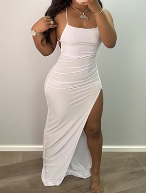 Ruched Halter Lace Up Backless Dress