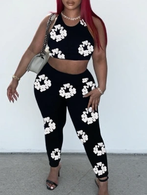 Flower Printed Cropped Tanks Pants Sets