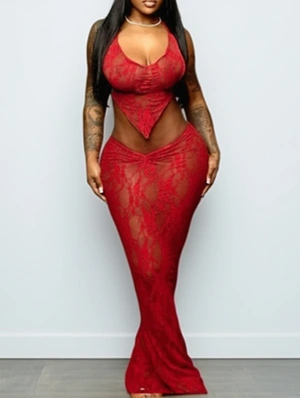 Hollow Out Lace Up Backless Skirt Sets