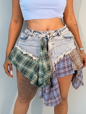 Patchwork Plaid Denim Skirts