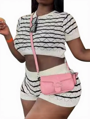 Hollow Out Striped Cropped Shorts Sets