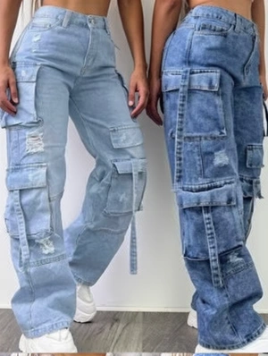 Patchwork High Rise Cargo Jeans