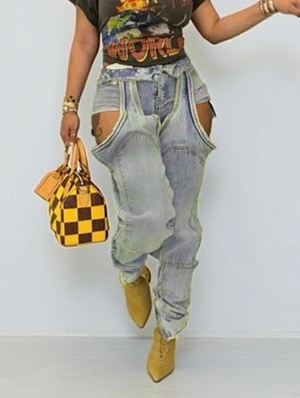 Denim Hollow Out Fuzzy Trim Cargo Jeans