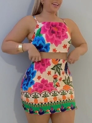 Floral Tie-wrap Cropped Tanks Skirt Sets