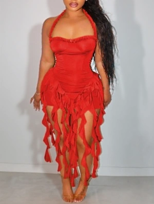 Fringe Halter Patchwork Mid-rise Sleeveless Dresses