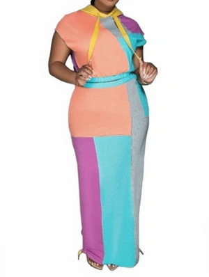 Colorblock Drawstring Hoodies Skirt Sets