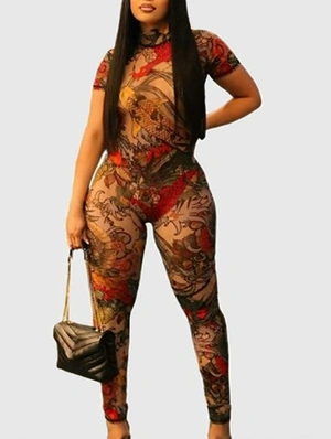 Tiger Printed See Through Backless Jumpsuits
