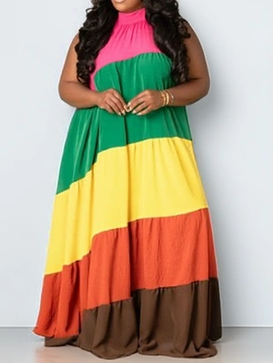 Colorblock Patchwork Swing Sleeveless Maxi Dresses