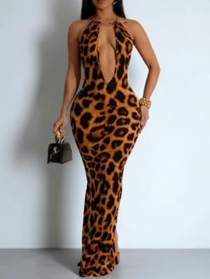 Leopard High Rise Backless Sleeveless Maxi Dresses
