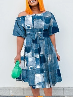 Colorblock Lace Up A-line Short Sleeve Midi Dress