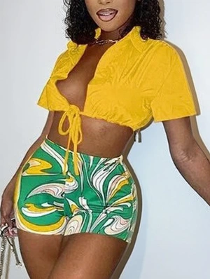 Lace Up Cropped Shirt Colorblock Short Sets