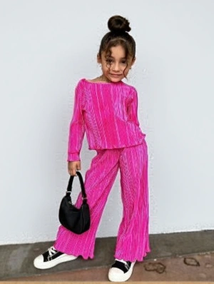 Solid Color Boat Neck Long Sleeve Rib Girl Clothing Sets