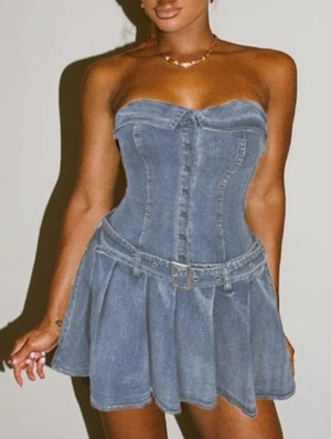 Denim Strapless Lapel Pleated Mini Dress