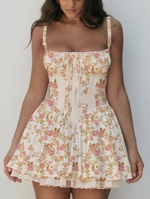 Lace Panel Floral Layered Neck Backless Sleeveless Dress