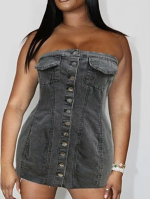Buckle Denim Fitted Strapless Mini Dress