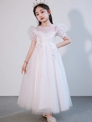 Crewneck Puff Sleeve Lace Girl Dresses