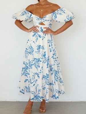 Bohemian Print Puff Sleeve Maxi Dress