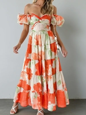 Boat Neck Off Shoulder Puff Sleeve Bohemian Dress