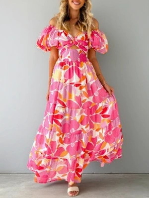 Ruffle Hollow-out Lantern Sleeve Maxi Dress