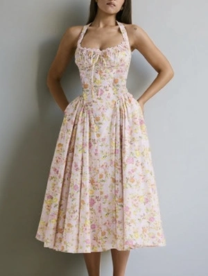 Halter Neck Disty Floral Printing Maxi Dresses