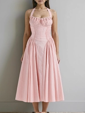 Halter Pleated Plain Color Bohemian Sleeveless Dresses