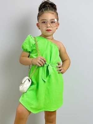 Solid Color Inclined Shoulder With Belt Girl Dresses