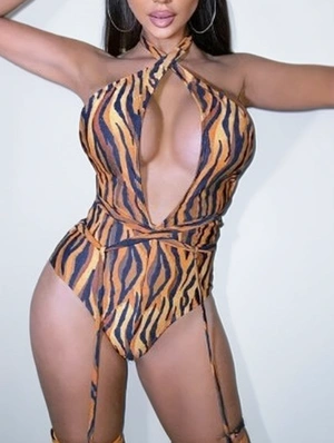 Leopard Surplice Neck Fitted One-Pieces