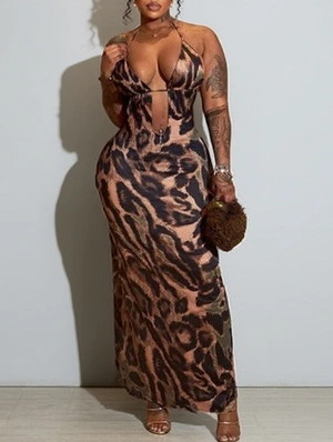 Leopard Halter Backless Lace Up Maxi Dress