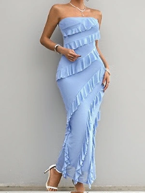 Solid Color Ruffle Split Hem Strapless Dresses