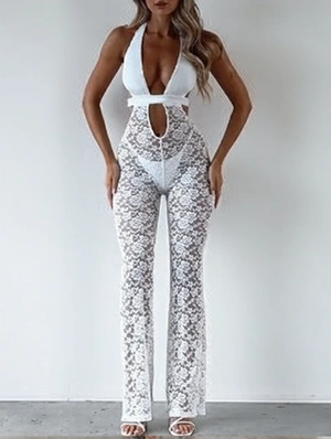 See Through Halter Backless Jumpsuits