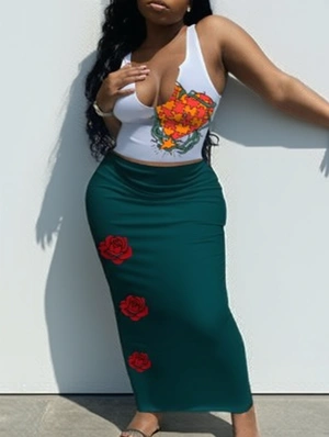 Flower Heart Printed Cropped Skirt Sets