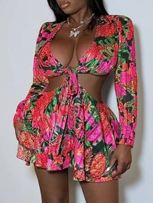 Floral Printed Tie-wrap Cropped Skirt Sets