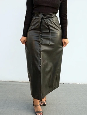 PU Patchwork Tie-wrap Split Hem Skirts