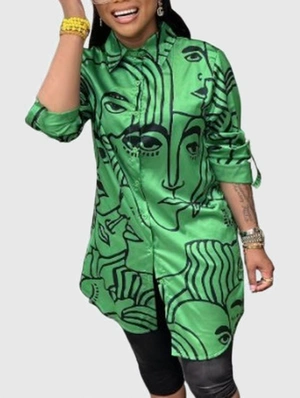 Abstract Printed Long Sleeves Shirt Dress