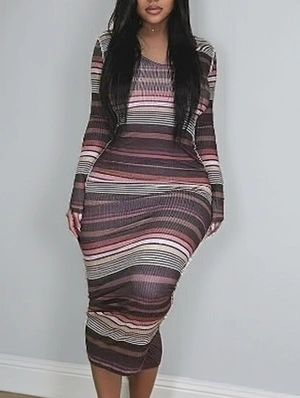 Rib Colorblock Striped Bodycon Maxi Dress