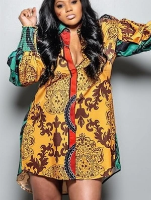 Geometric Pattern High Rise Loose Long Sleeves Dress
