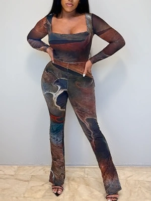 Gauze Colorblock Square Neck Flared Jumpsuits