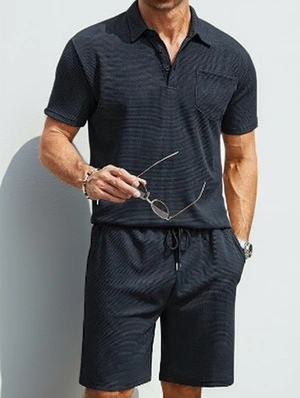 Men's Solid Fitted Lapel Polo Shirt Shorts 2 Piece Sets