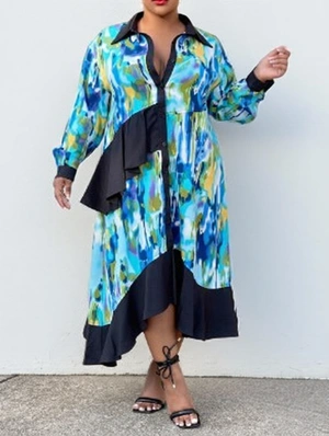 Patchwork Print Asymmetrical Hem Ruffle Dress