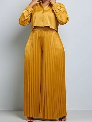 Pleated Wide Leg Long Sleeve Pant Sets