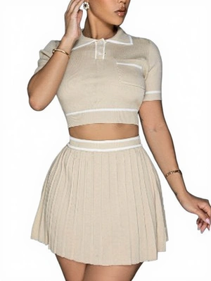 Knitting Buckle Cropped Pleated Skirt Sets