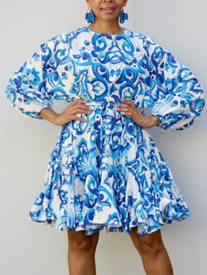 Flower Printed Long Sleeves Swing Dress