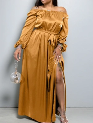 Split Hem Lace Up Lantern Sleeve Maxi Dresses